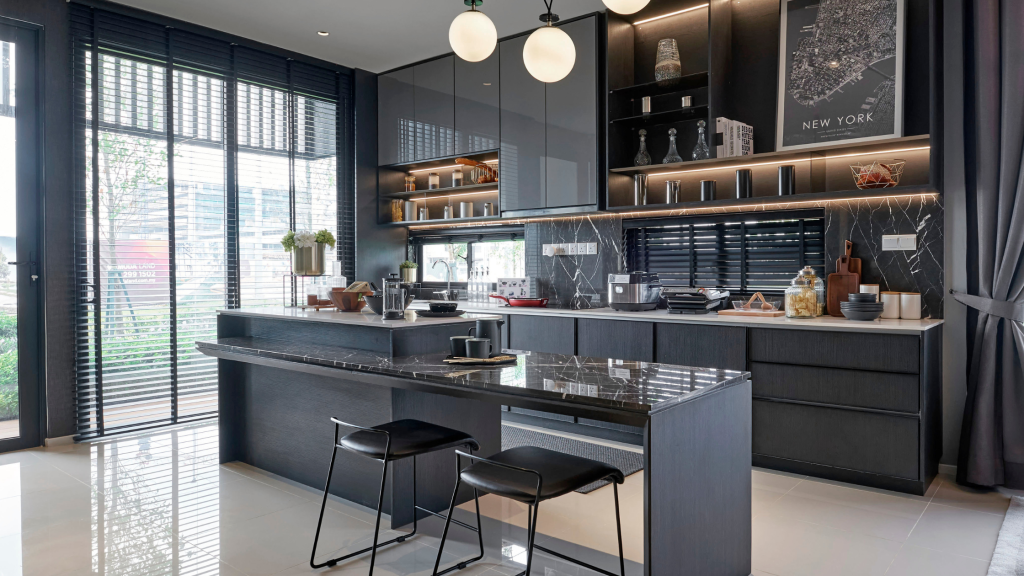 grey modern kitchen with wood accents and globe hanging lights