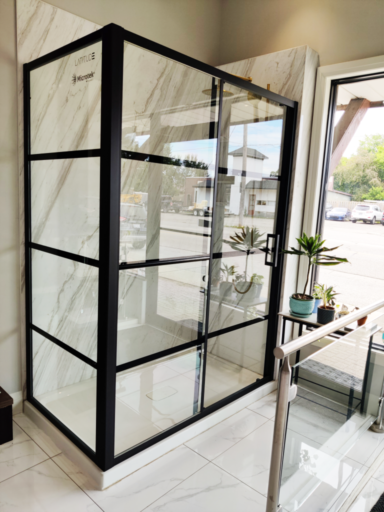 a glass enclosure in a room