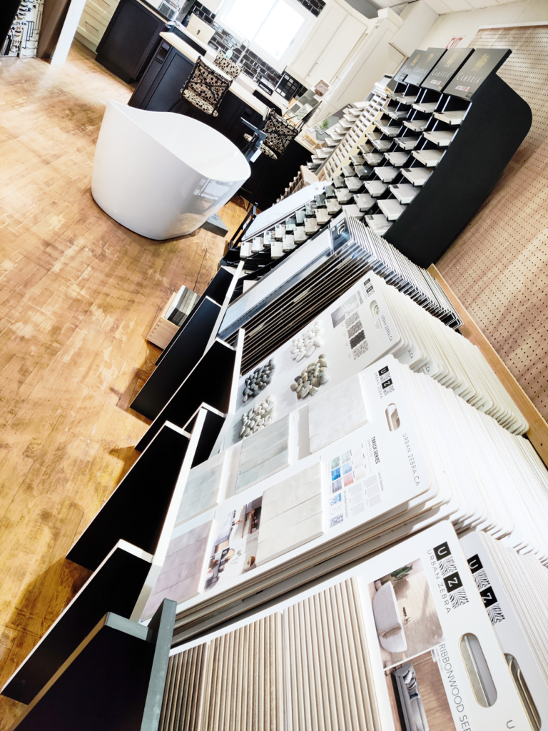 a store with chairs and tile samples